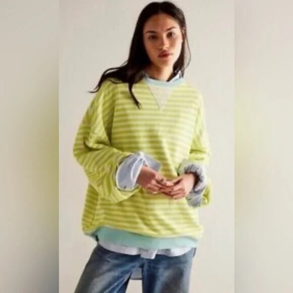 NWOT Free People Classic Stripe Crewneck Sweatshirt Lime Combo- size MEDIUM - Picture 4 of 6
